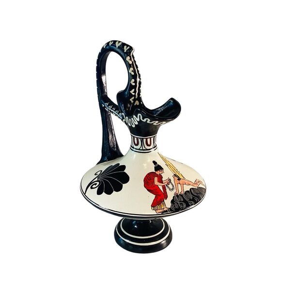 Greece Terra Cotta Hand Painted Ewer Vase Nude Man Angel 7.75” **READ** - Picture 1 of 10